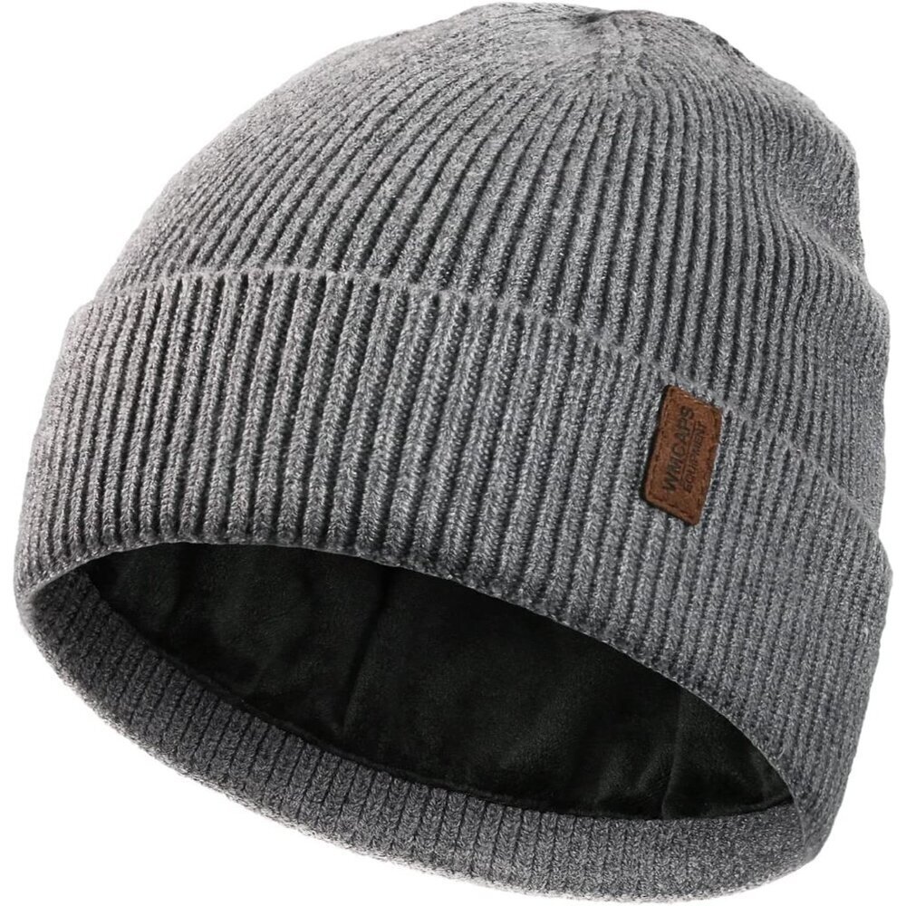Men's Grey Fleece Lined Beanie Soft Winter Warm Ski Stocking Knit Hat